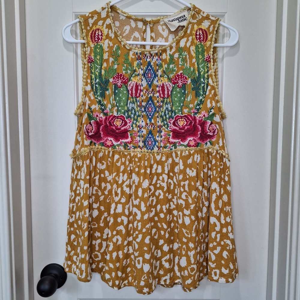 Savanna Jane Cactus Flower Embroidery Sleeveless Top Mustard Yellow Boho Small